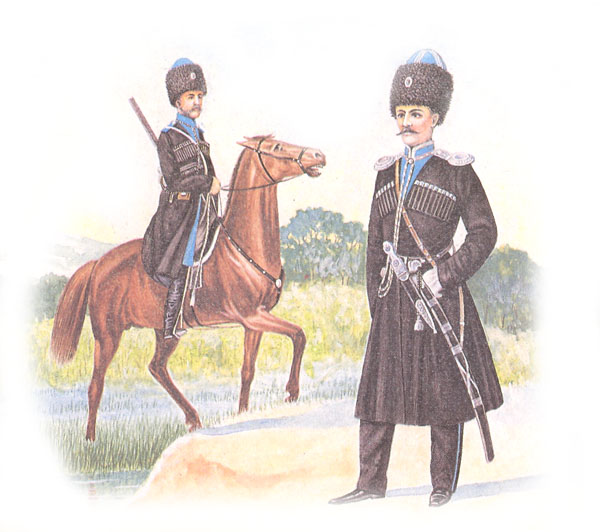 Казак и обер-офицер конного полка Терского войска в парадной форме