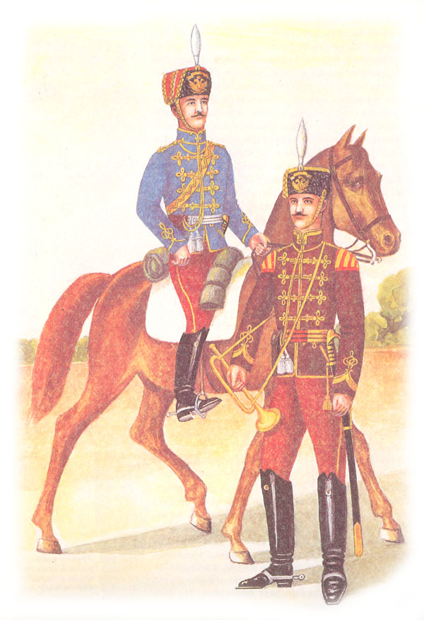 Обер-офицер 1-го гусарского Сумского полка и трубач 12-го гусарского Ахтырского полка в парадной, форме